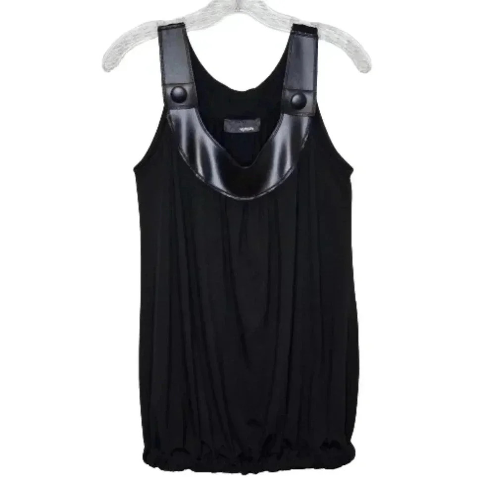 Womens Summer Festival Tank Top Black Medium Faux Leather Trim Elastic Waist